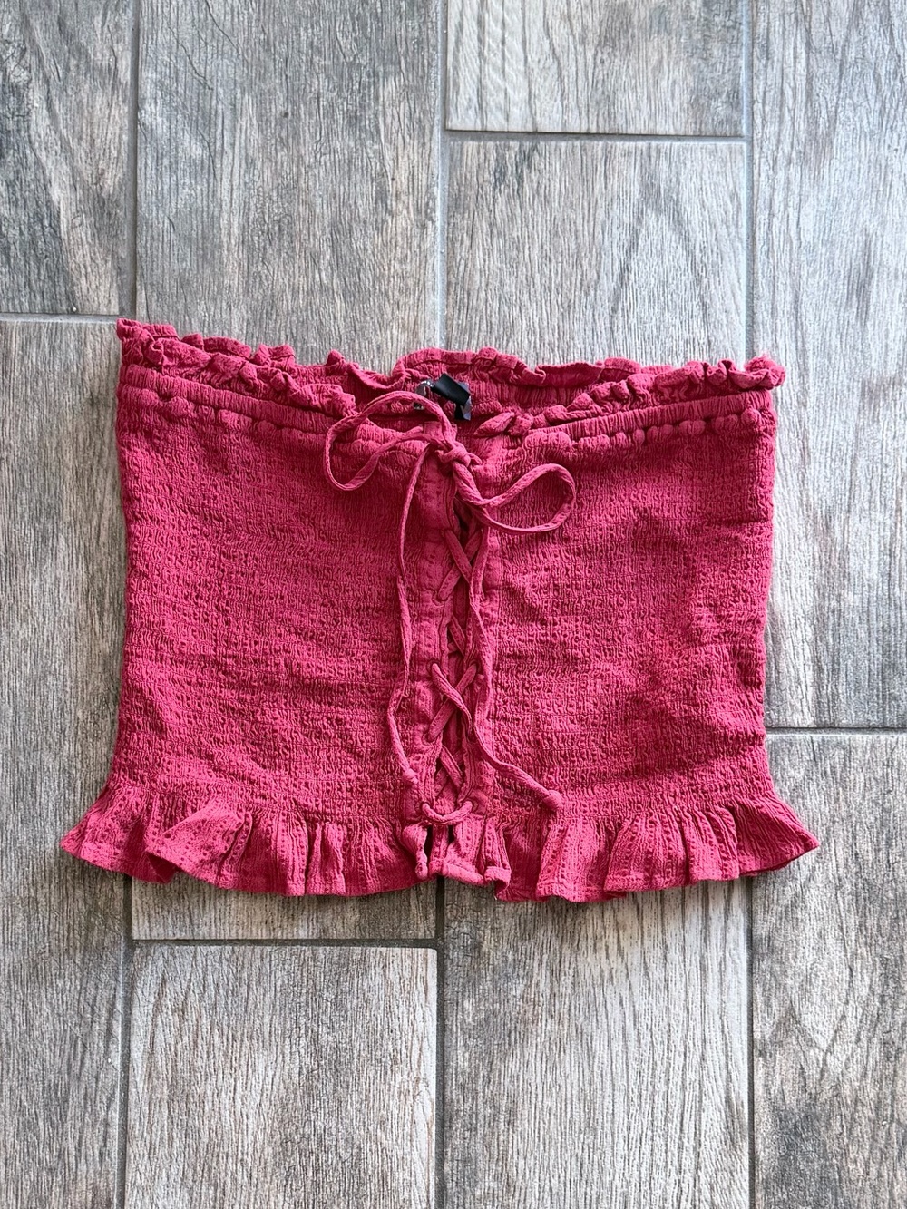 American Eagle Outfitters Red Smocked Strapless Tube Top with Front Tie